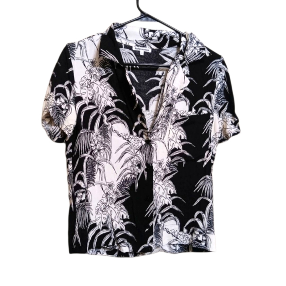 Reformation Black White Floral Button Front Blouse Top